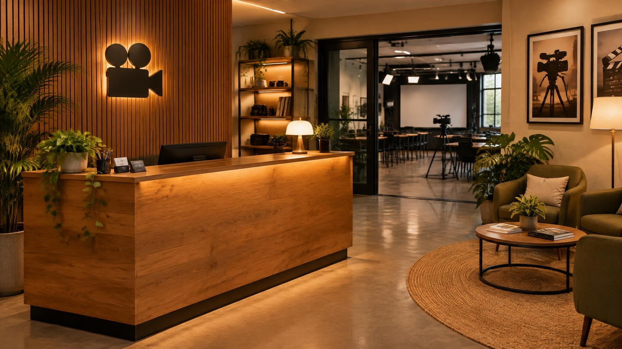 Warmly lit reception desk area of a media training studio