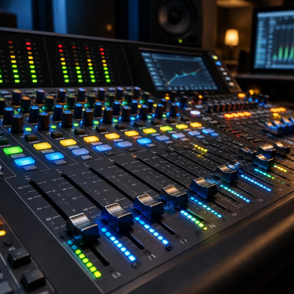 Audio mixing console with sliders in a control room