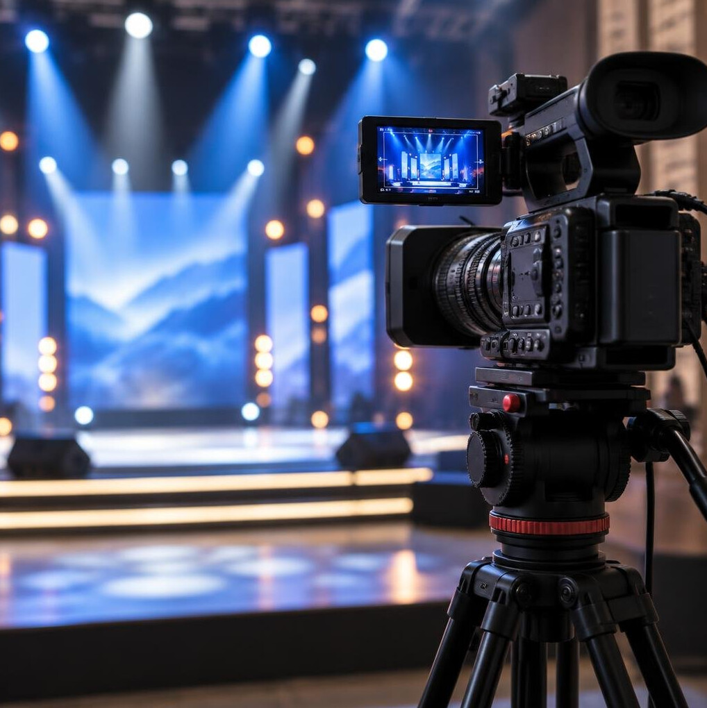 Professional video camera mounted on a tripod at an event
