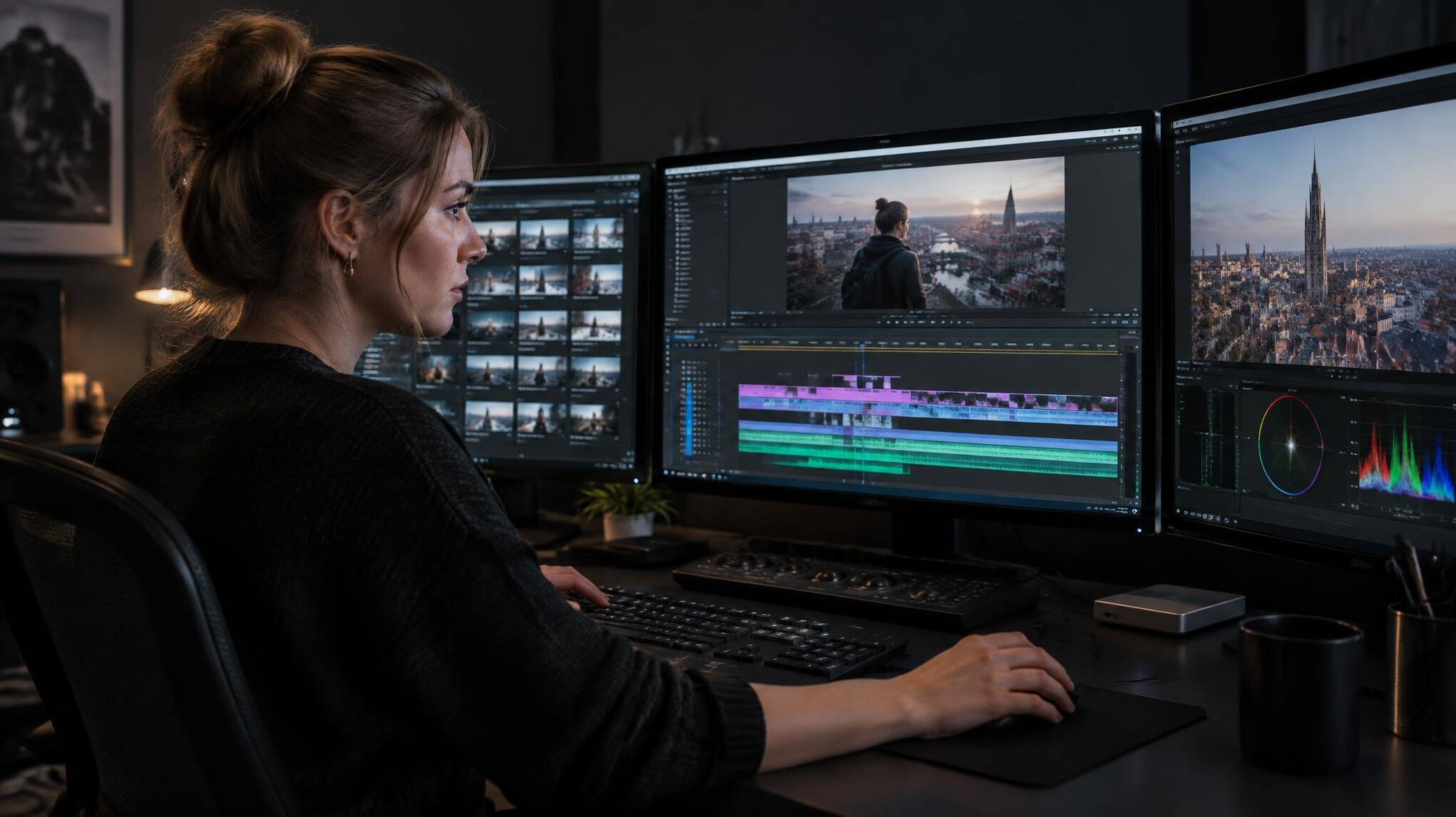 Editor working at a video editing workstation with multiple monitors