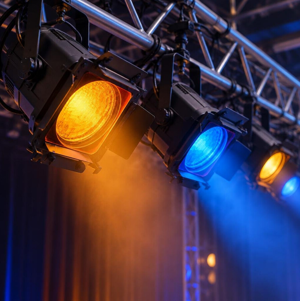 Close-up of professional stage lighting rig with colored gels