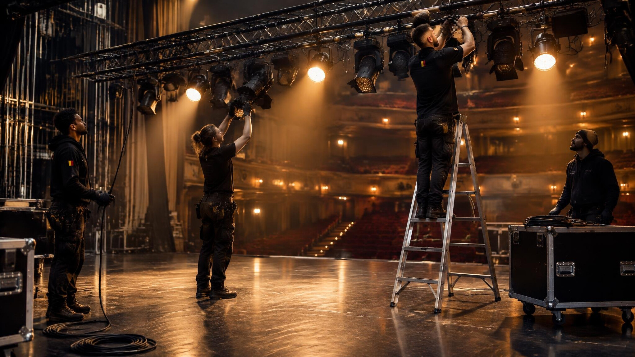 Lighting technicians working on a stage rig during a show rehearsal