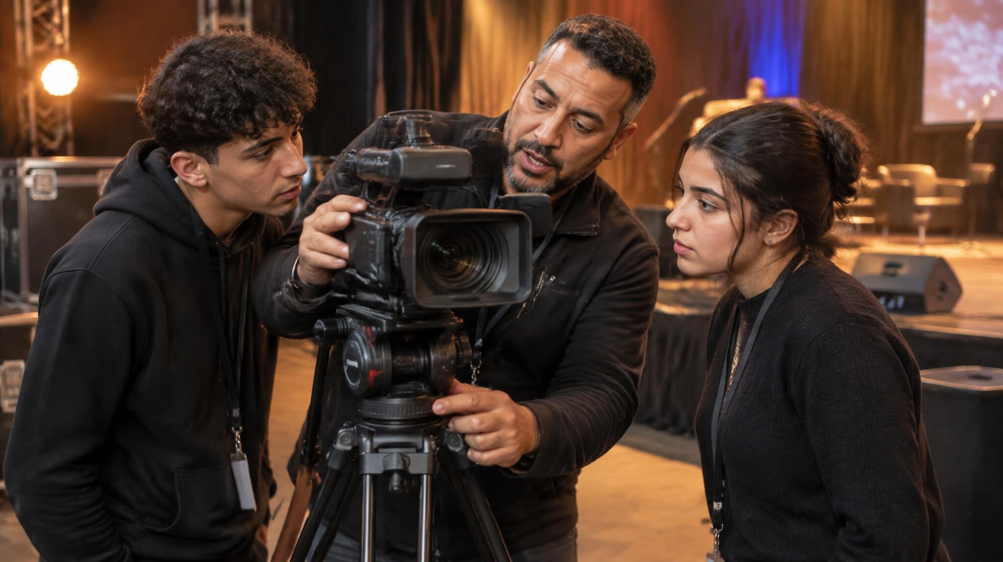 Trainer demonstrating camera setup to students on an event stage